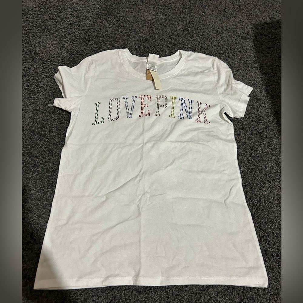 Rainbow rhinestone love PINK shirt